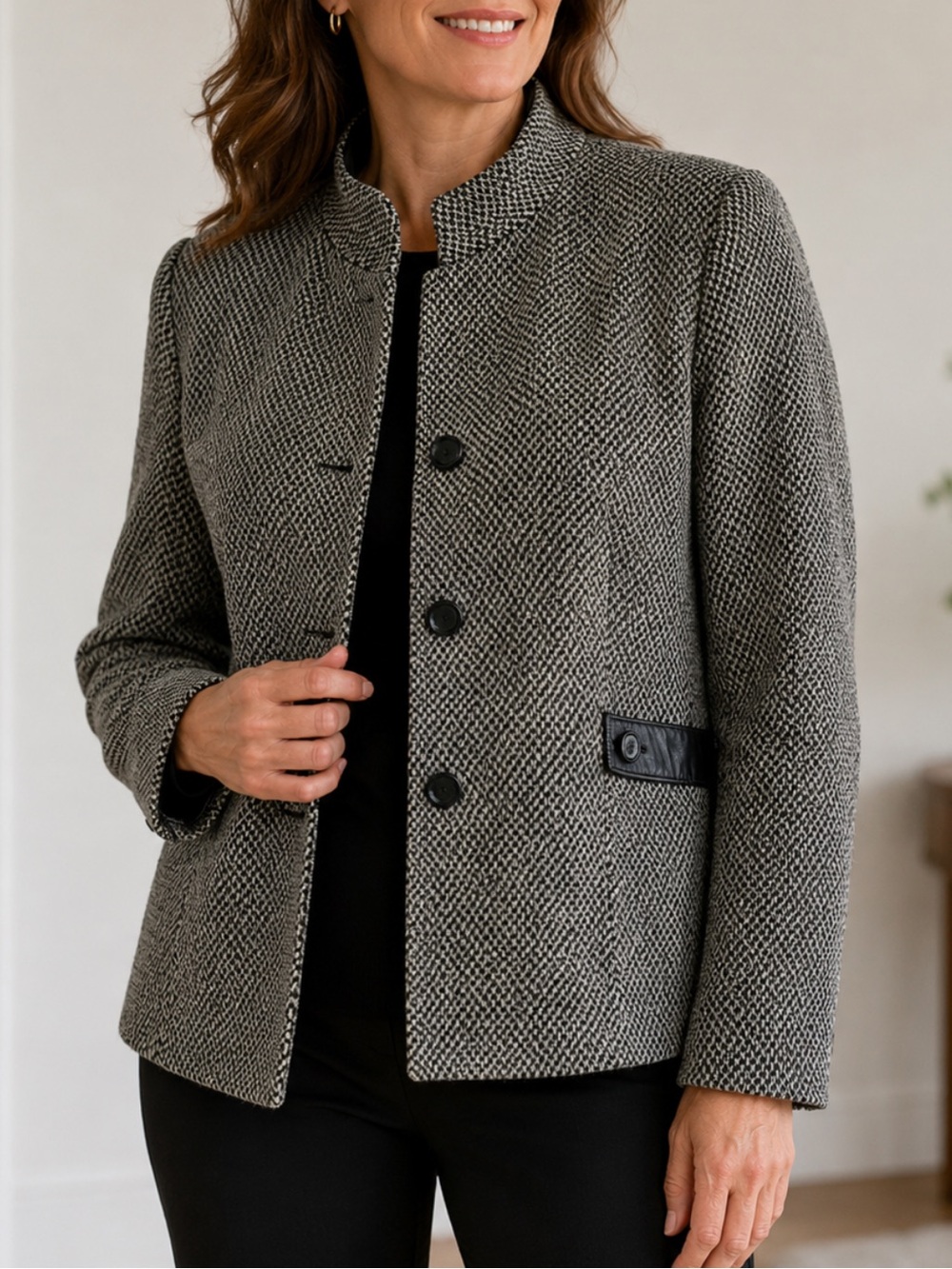 Talbots Women’s Wool Herringbone Jacket Leather Trim Size 18 Black Ivory